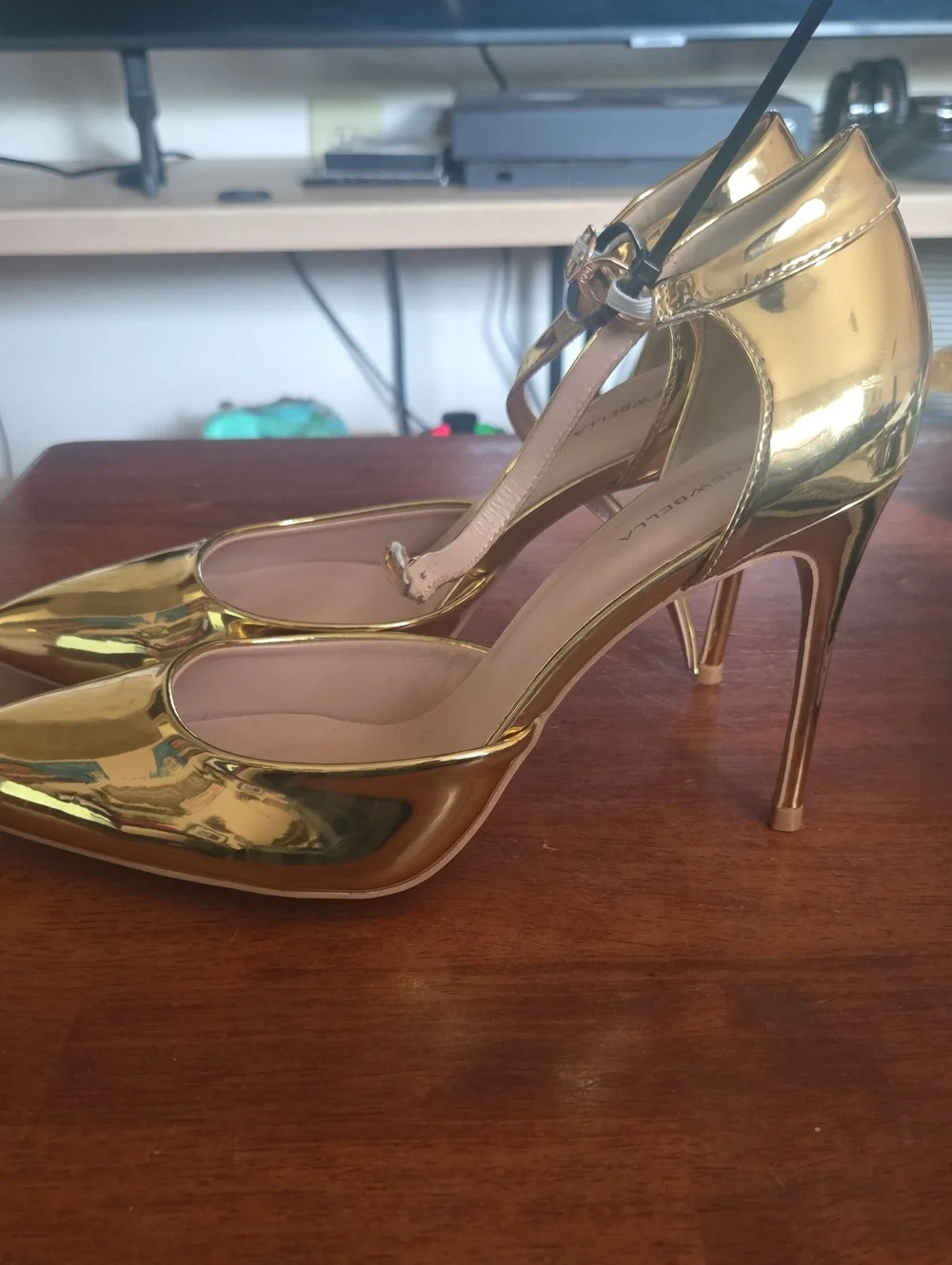 Nevebell Metallic Gold Pointed Ankle-Strap Heels